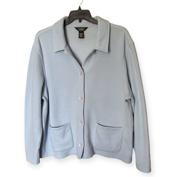 L.L. Bean Powder Blue Fleece Button Down Collared Jacket with Pockets Size 2X - Picture 1 of 8